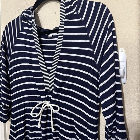 Mandarin Blue Dress XL Nautical Sailor Navy stripe Resort Stretch Pockets hooded - Picture 2 of 7